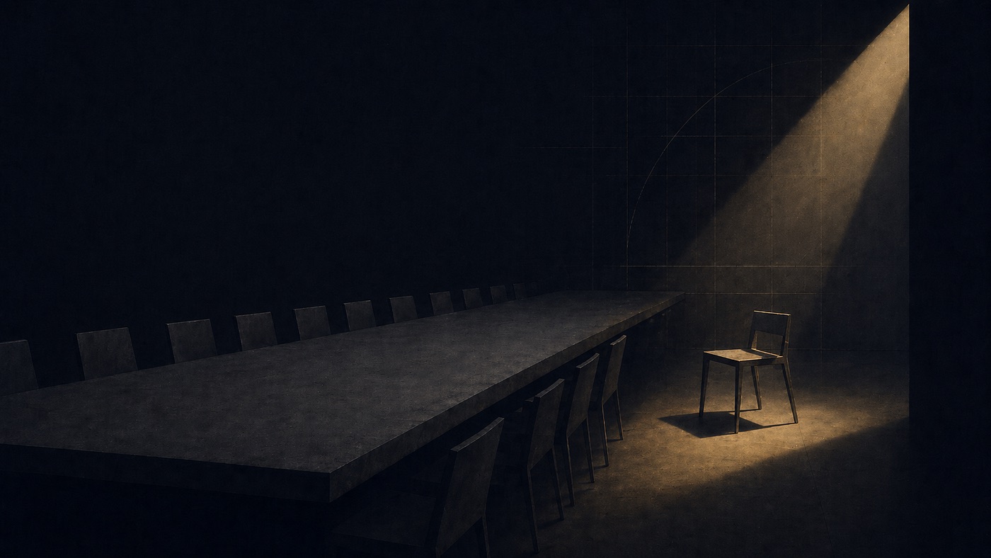 A long, empty conference table dimly lit, with a single chair pulled out into a beam of light.